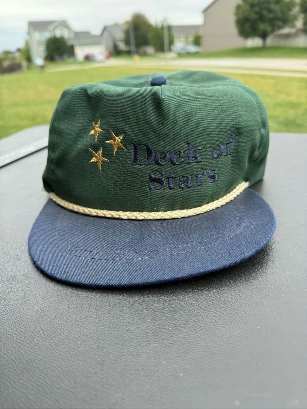 Vintage Show String Deck of Stars Green and Navy Rope-Trim Hat